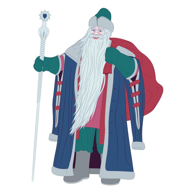 Vector ded moroz with bag behind his back and staff vector illustration of russian santa claus