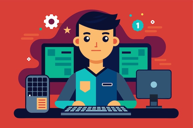 a dedicated programmer focuses on coding at a desk surrounded by colorful displays and tools programmer customizable disproportionate illustration