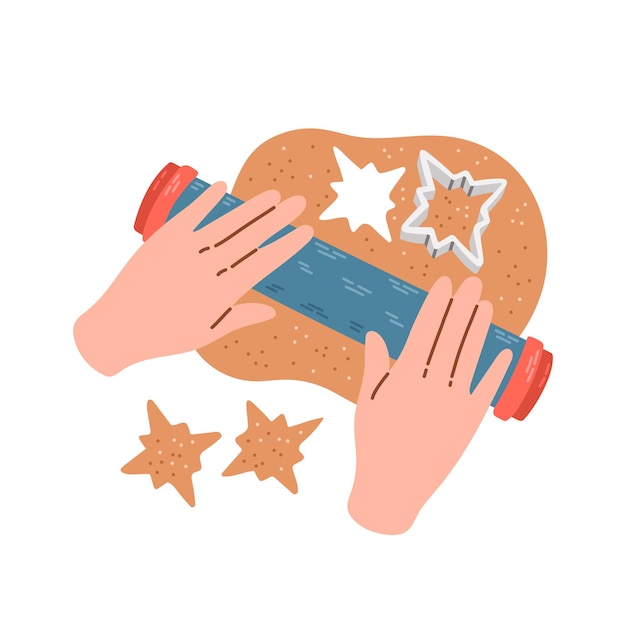 Deeghanden kneden. Vrouw bereidt zelfgemaakte koekjes. Bovenaanzicht. Kookschool. vector illustratie