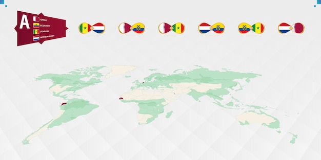 Deelnemers in Groep A van het voetbaltoernooi uitgelicht in bordeauxrood op de wereldkaart