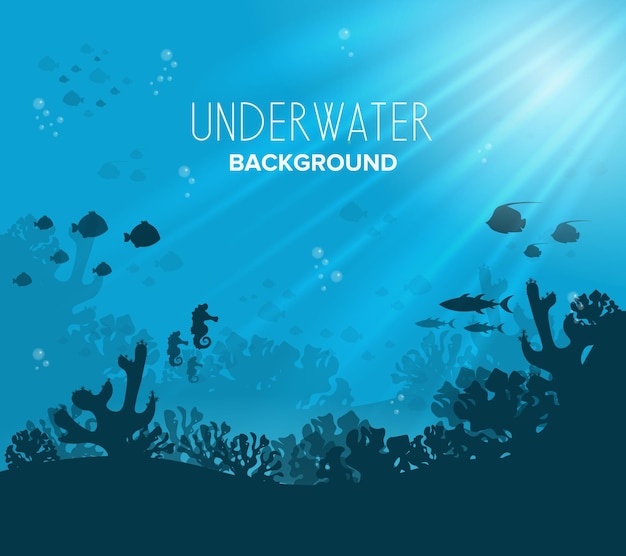 deep blue water coral reef and underwater plants