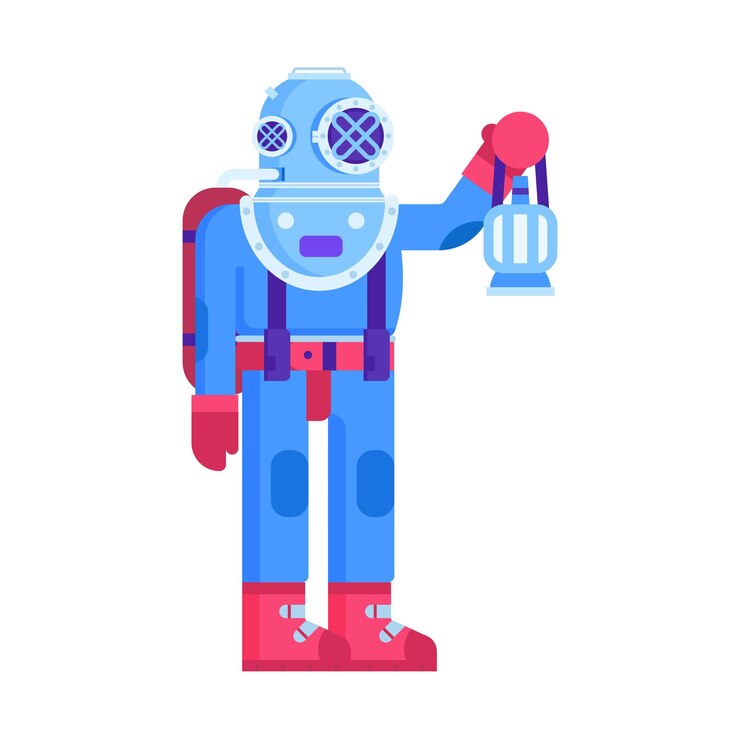 Vector deep diver in antique diving suit