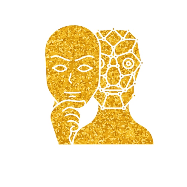 Deep fake concept robot met menselijk gezichtsmasker in gouden kleur