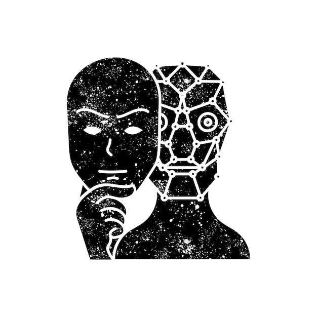 Deep fake concept robot met menselijk gezichtsmasker zwart met de hand getekend icoon in grunge look
