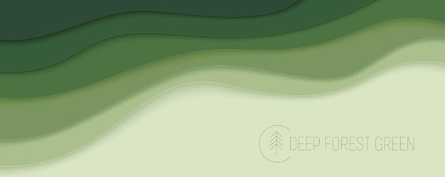 Vector deep forest green waves paper art banner nature greenery color poster template in papercut style