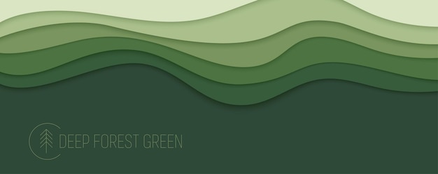 Vector deep forest green waves paper art banner nature greenery color poster template in papercut style