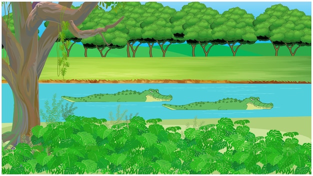 Vector deep forest with green trees and crocodile is swimming in the jungle river.