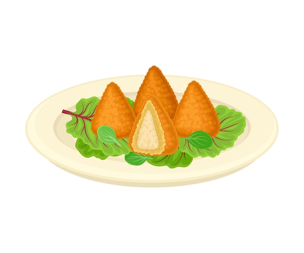 Vettore coxinha brasiliana fritta in profondità servita su piatto con illustrazione vettoriale di verde