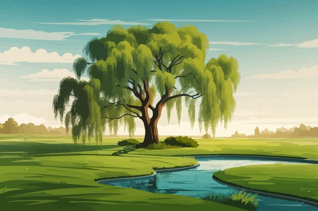 Vector a deep lawn with lots of weeping willow tree illustration