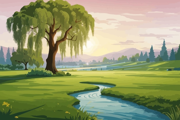 A deep lawn with lots of weeping willow tree illustration