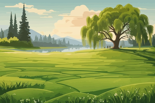 Vector a deep lawn with lots of weeping willow tree illustration