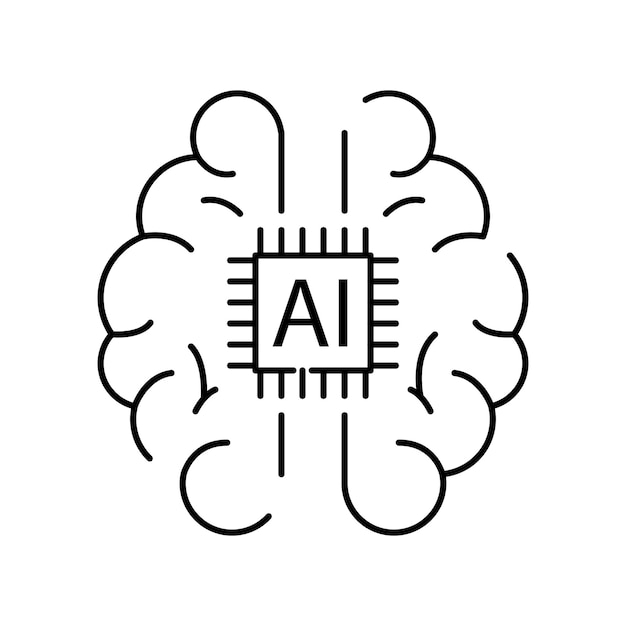 Deep learning AI linear icon Neural network with cogwheels Thin line illustration Digital brain Artificial intelligence symbol Vector isolated Cyber humanoid and chat