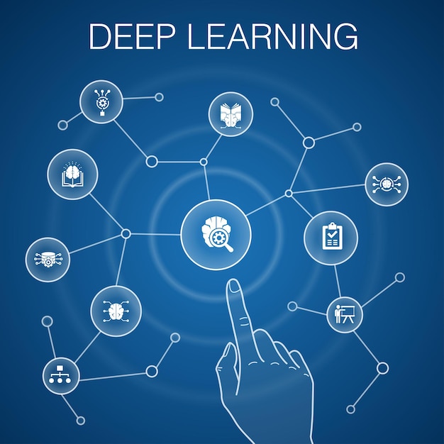 Deep learning concept blue background algorithm neural network ai machine learningsimple icons