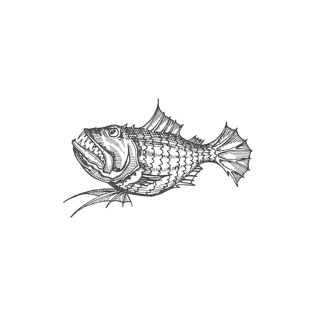 Vector deep ocean fish with sharp teeth isolated sketch