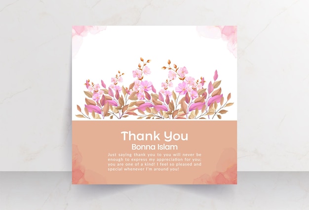 Deep pink flower bouquet with smokey watercolor effect and solid background thank you card