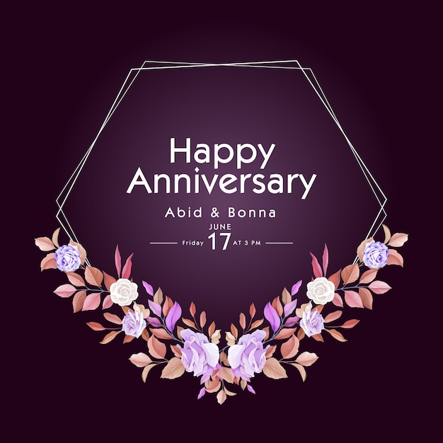 Vector deep purple and pink rose anniversary card with polygon frame