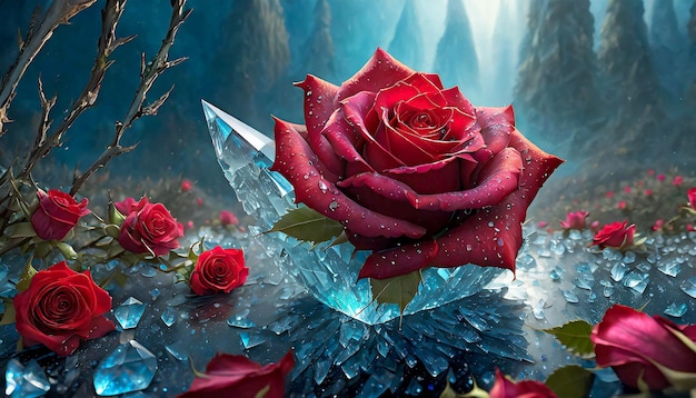 Rosa rosso intenso con gocce sui suoi petali