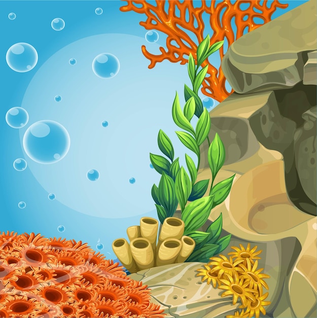 Vector deep sea blue background with stones anemones and orange corals