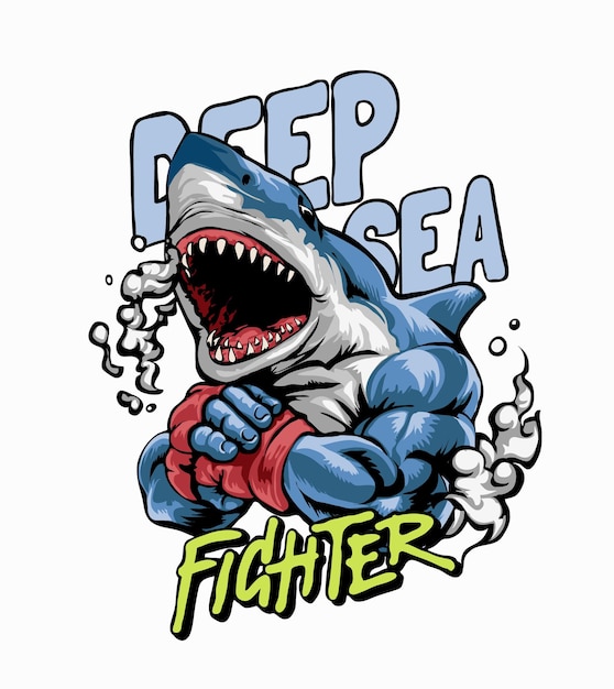 deep sea fighter slogan with shark fighter graphic illustration