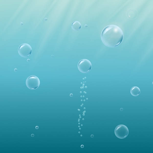 ベクトル 水中の泡、スプレー、光沢のある光線のある深海