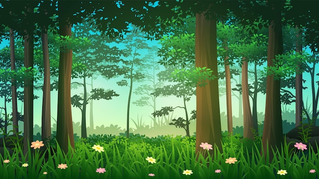 Deep Tropical Rain Forest with thick bushes, plants and trees, nature landscape vector illustration