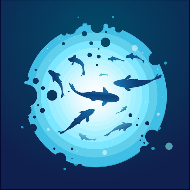 Deep underwater world with floating fish. Fish swim in the blue underwater sea.