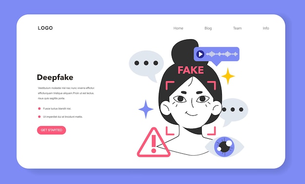 ベクトル ディープフェイク web バナーまたはランディング ページ ある人の肖像を説得力のある方法で操作し、別の人物の肖像に置き換える合成メディア 人工知能サービス フラット ベクトル図