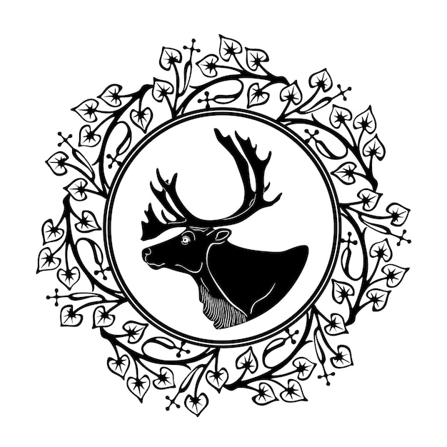 Vector deer animal and floral frame logo handmade silhouette collection