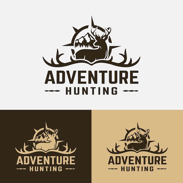 Deer Antler Compass Mountain for Adventure Outdoor Hiking Camping Hunting Logo Design Template