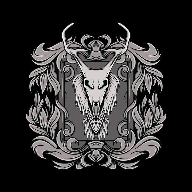 Череп головы оленя с черно-белым стилем растительный орнамент иллюстрации