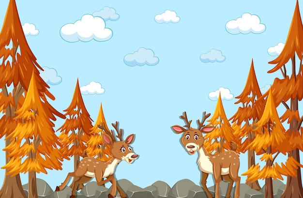 Deer cartoon character with blank autumn forest scene