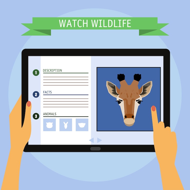 Vector deer cartoon portrait and website about wildlife. digital tablet.