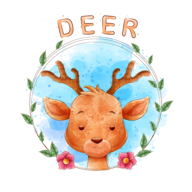 Vector deer cartoons with flower frames with watercolor backgrounds
