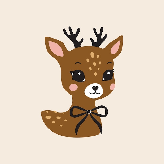 Vector deer cute portrait smile face little small reindeer ears nose animal bow full face