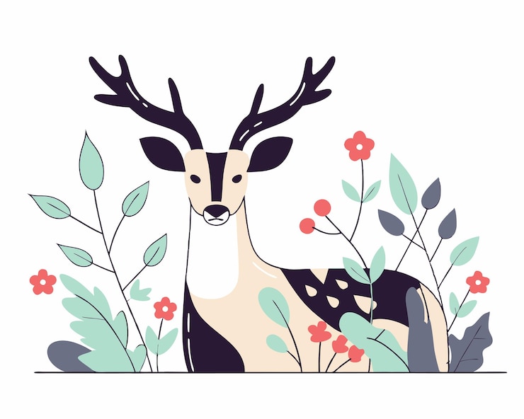 Vector deer decoration with plants and leaves illustration