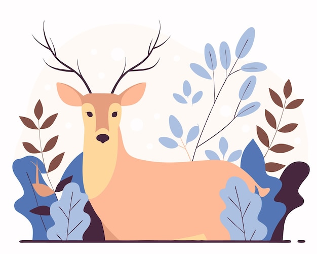 植物と葉のイラストで鹿の装飾