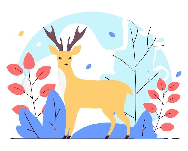 植物と葉のイラストで鹿の装飾