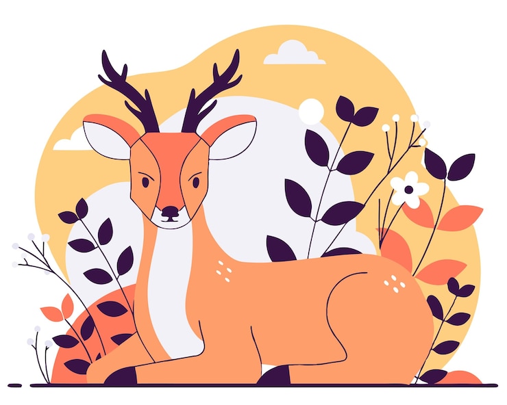 Vector deer decoration with plants and leaves illustration