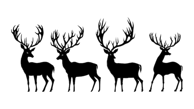 Deer Elks in Different Poses in Black Silhouette on White Background Vector