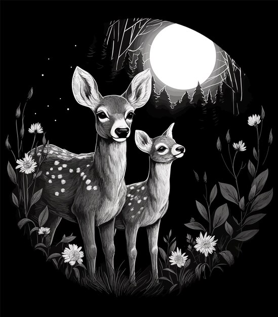 A deer and fawns are in a field with flowers and the moon behind them