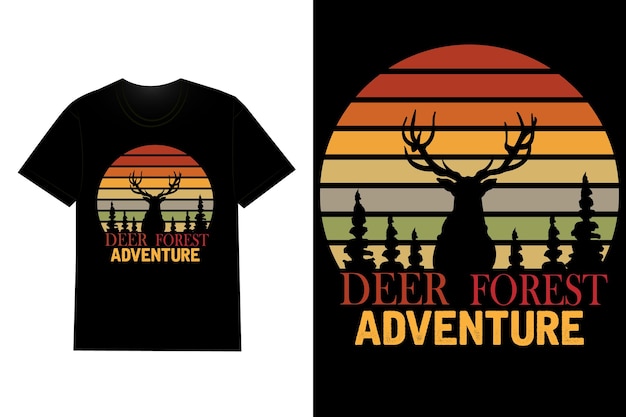 사슴 숲 모험 티셔츠 디자인 복고풍 빈티지