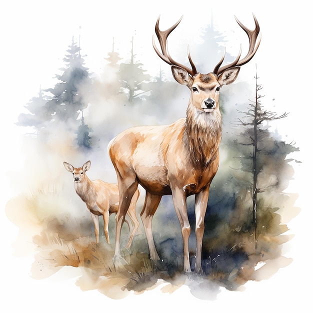 Vector deer in the forest illustration