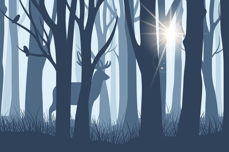 Vector deer in forest landscape. wild doe or reindeer silhouette into dark woods trees background with ray of sunshine through fog vector illustration