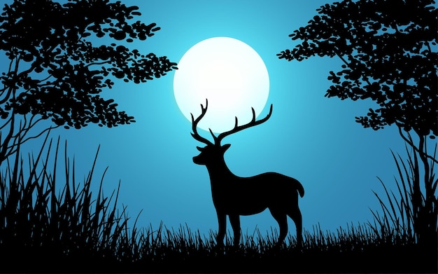 Vector deer in forest with full moon