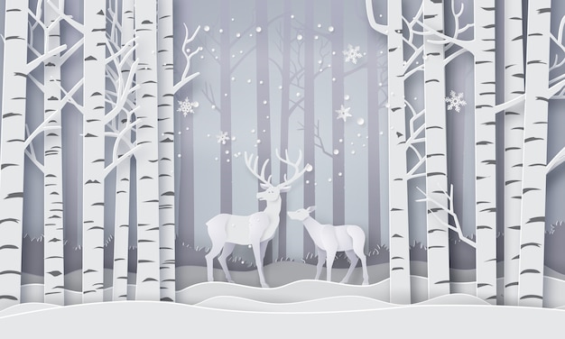 Cervi nella foresta con snow.vector paper art style.