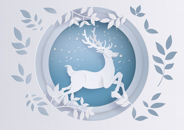 Vector deer in forest with snow in the winter season and christmas.