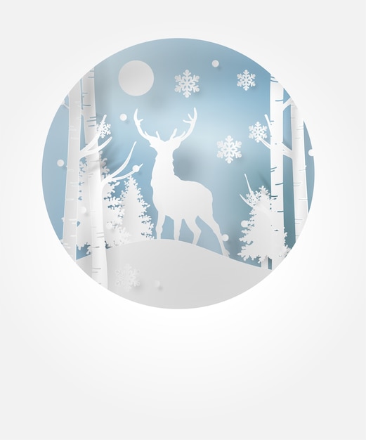 Vector deer in forest with snow in the winter season and christmas