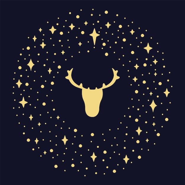 Vector deer head against the background of yellow stars and a dark blue sky