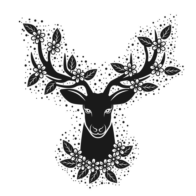 Deer head silhouette in blooming flowers Design for tshirt