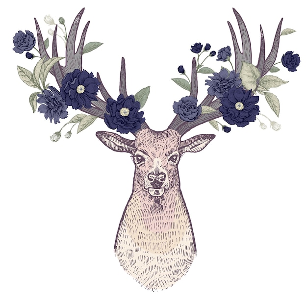 Deer head with antlers decorated with flowers and birds